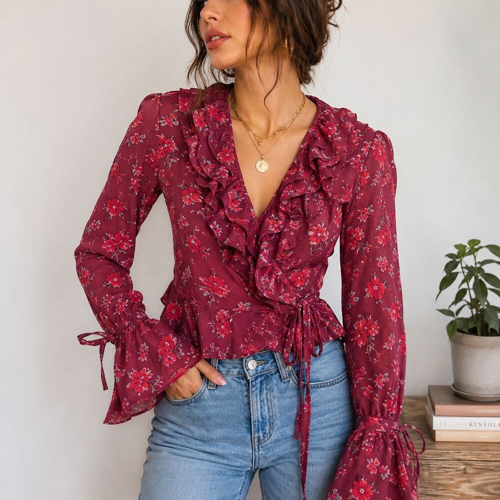 Free People Amanda Ruffle Floral Wrap Top Bell Sleeve Boho Burgundy XS Coquette